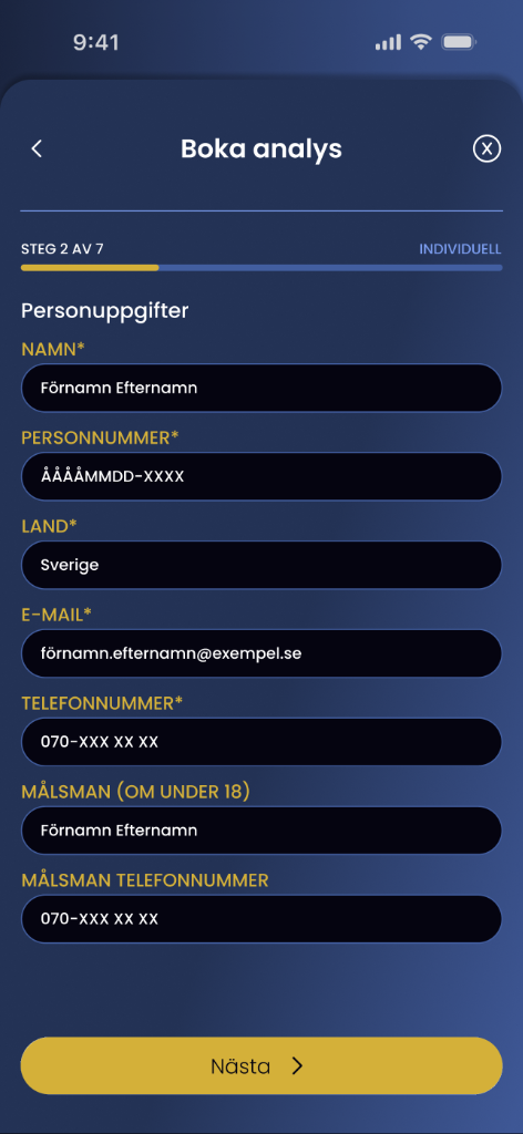 Steg 2 av 7 - Personuppgifter i Club App
