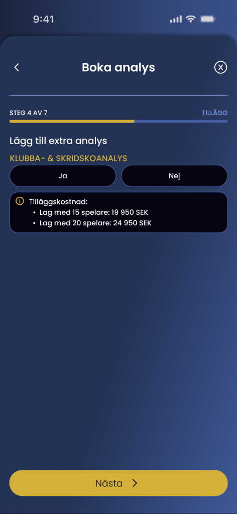 Boka analys tilläggskostnad lag i Club App